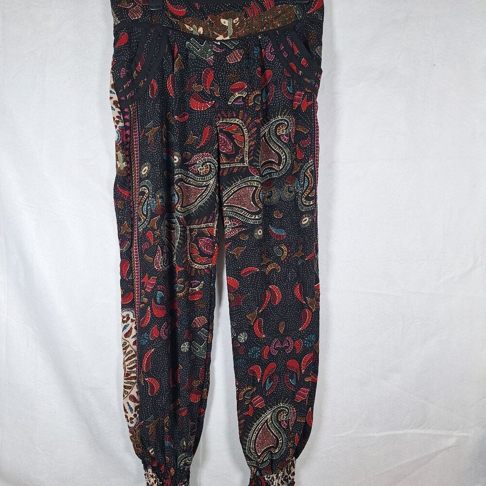 Boho-Chic Paisley Patterned Harem Pants Elastic Waist & Ankles Fit Multicolor De - Picture 2 of 4